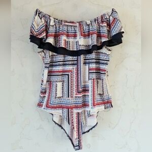 Off the shoulder bodysuit, JM Sportswear Collection, 6.5" layered ruffle, Sz. XL